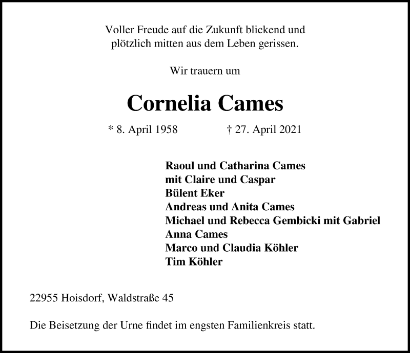  Traueranzeige für Cornelia Cames vom 09.05.2021 aus Lübecker Nachrichten