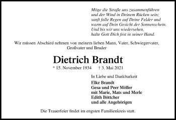 Traueranzeige von Dietrich Brandt von Lübecker Nachrichten