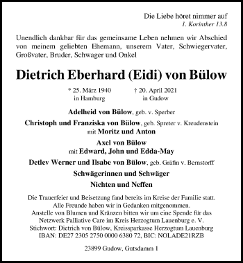 Traueranzeige von Dietrich Eberhard Eidi von Bülow von Lübecker Nachrichten