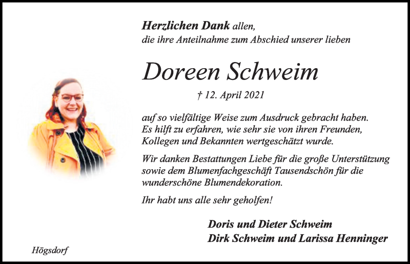  Traueranzeige für Doreen Schweim vom 08.05.2021 aus Kieler Nachrichten