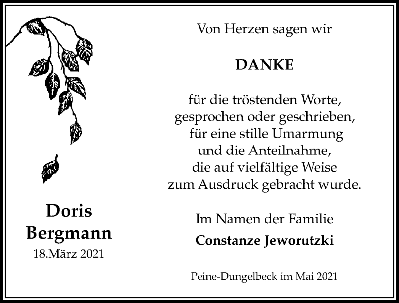  Traueranzeige für Doris Bergmann vom 08.05.2021 aus Peiner Allgemeine Zeitung