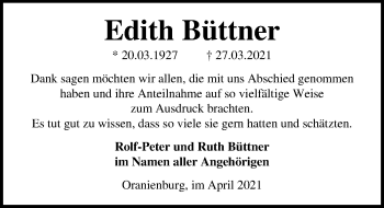 Traueranzeige von Edith Büttner von Märkischen Allgemeine Zeitung