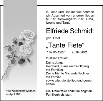 Traueranzeige von Elfriede Schmidt von Ostsee-Zeitung GmbH