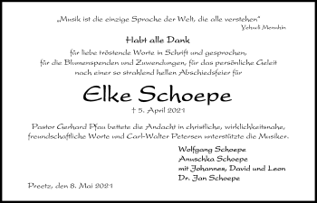 Traueranzeige von Elke Schoepe von Kieler Nachrichten