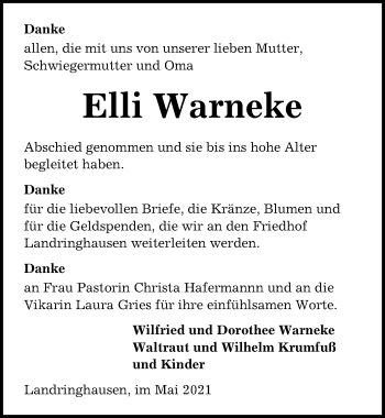 Traueranzeige von Elli Warneke von Hannoversche Allgemeine Zeitung/Neue Presse