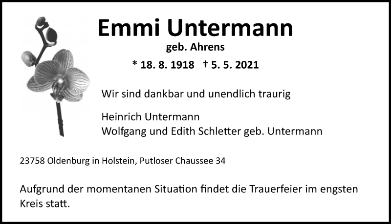  Traueranzeige für Emmi Untermann vom 08.05.2021 aus Lübecker Nachrichten