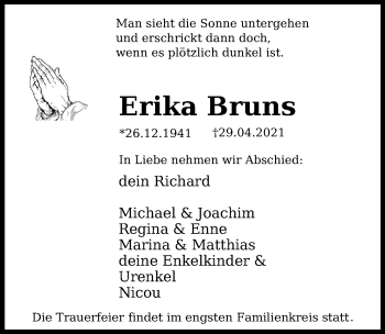 Traueranzeige von Erika Bruns von Peiner Allgemeine Zeitung