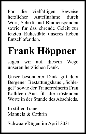 Traueranzeige von Frank Höppner von Ostsee-Zeitung GmbH