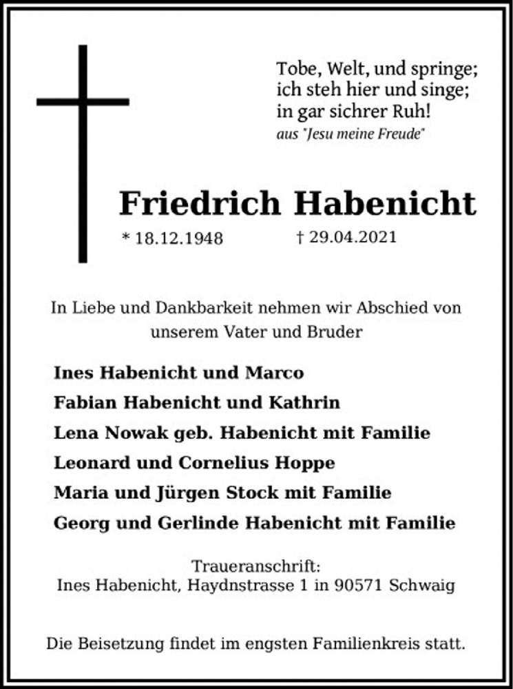  Traueranzeige für Friedrich Habenicht vom 03.05.2021 aus Schaumburger Nachrichten