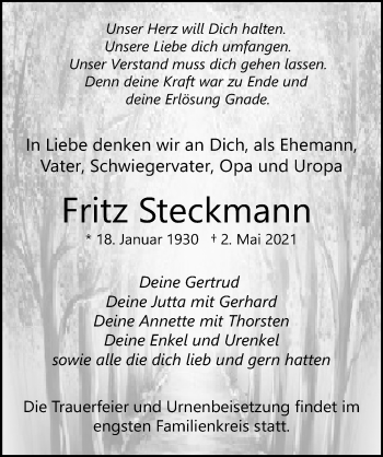 Traueranzeige von Fritz Steckmann von Ostsee-Zeitung GmbH