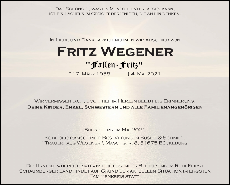  Traueranzeige für Fritz Wegener vom 08.05.2021 aus Schaumburger Nachrichten
