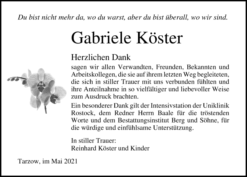  Traueranzeige für Gabriele Köster vom 08.05.2021 aus Ostsee-Zeitung GmbH