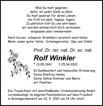 Traueranzeige von Ganzer Winkler von Märkischen Allgemeine Zeitung