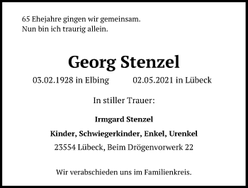 Traueranzeige von Georg Stenzel von Lübecker Nachrichten