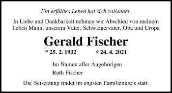 Traueranzeige von Gerald Fischer von Ostsee-Zeitung GmbH