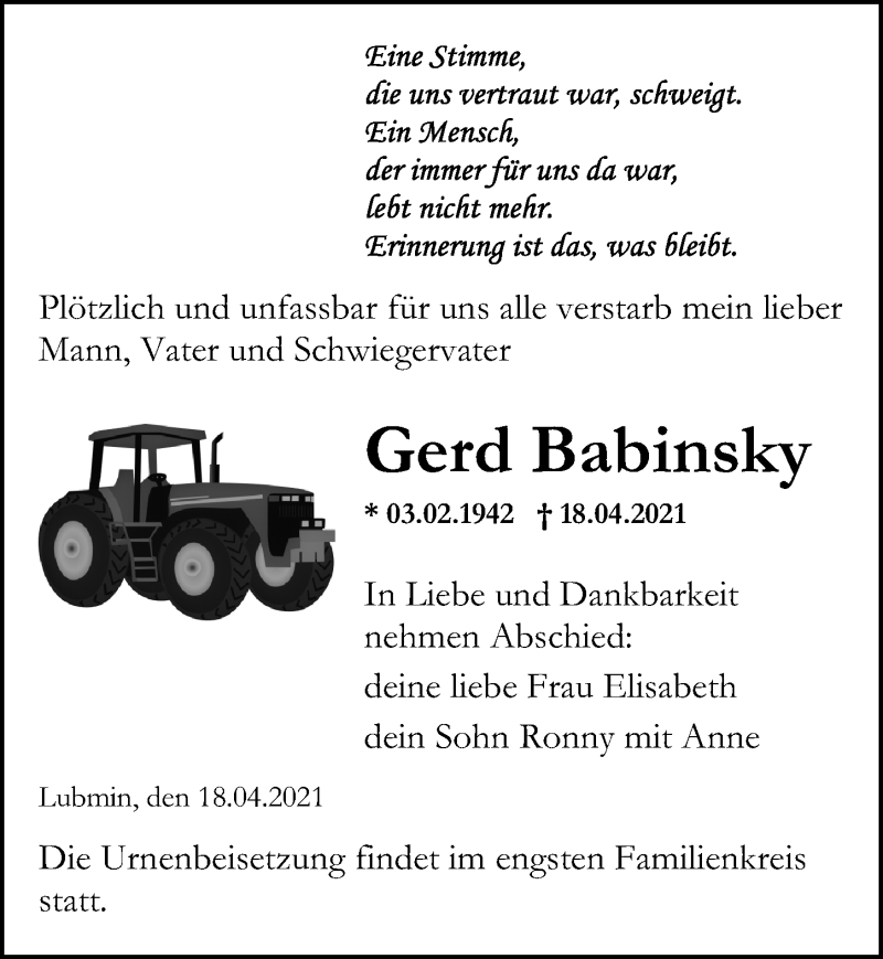 Traueranzeige für Gerd Babinsky vom 08.05.2021 aus Ostsee-Zeitung GmbH