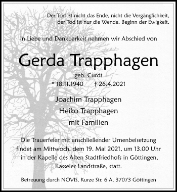 Traueranzeige von Gerda Trapphagen von Göttinger Tageblatt