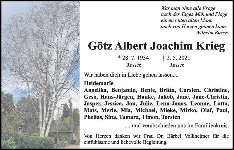  Traueranzeige für Götz Albert Joachim Krieg vom 08.05.2021 aus Kieler Nachrichten