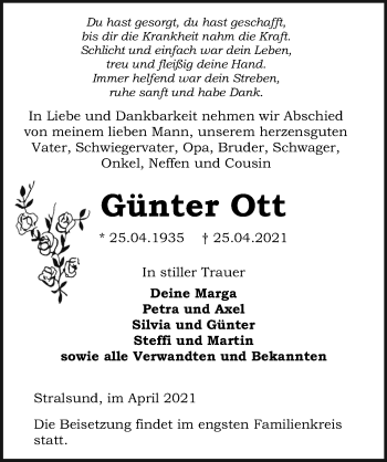 Traueranzeige von Günter Ott von Ostsee-Zeitung GmbH