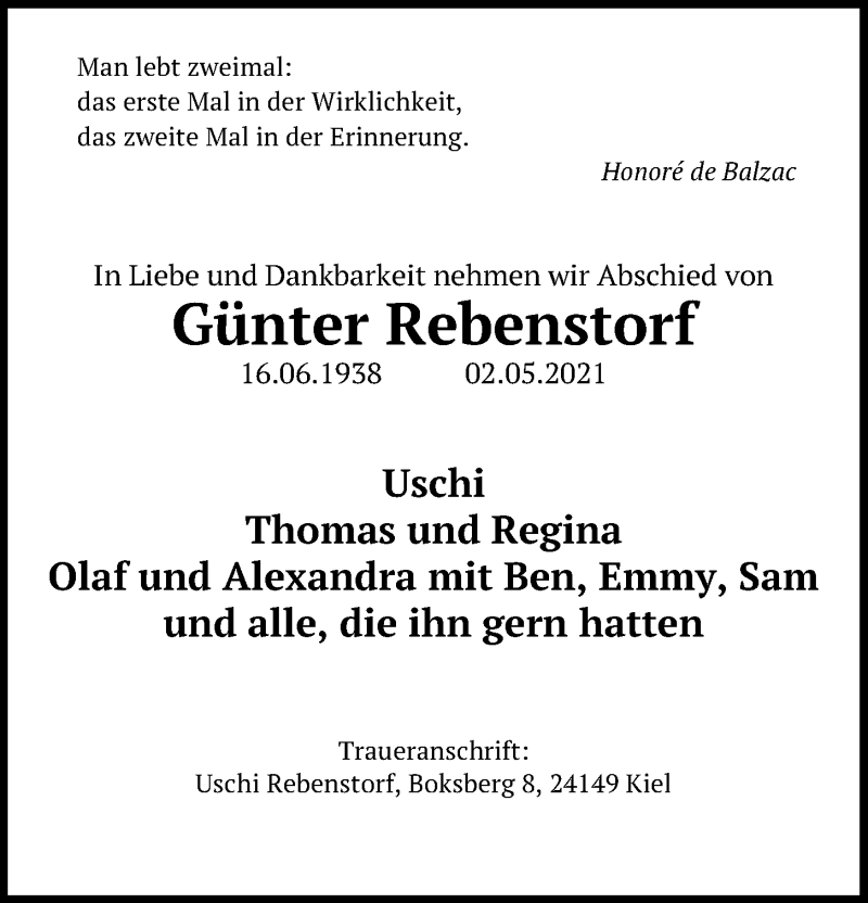  Traueranzeige für Günter Rebenstorf vom 08.05.2021 aus Kieler Nachrichten