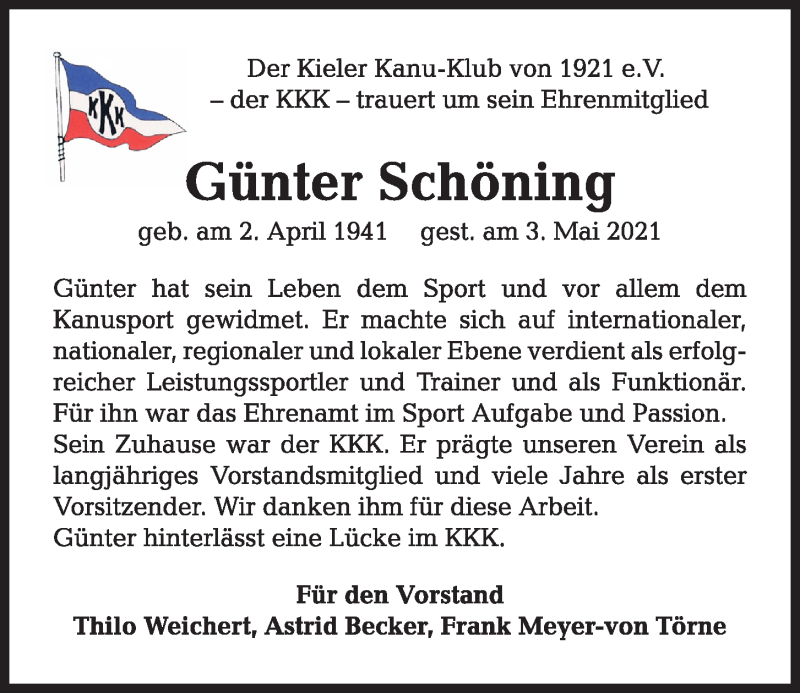  Traueranzeige für Günter Schöning vom 08.05.2021 aus Kieler Nachrichten