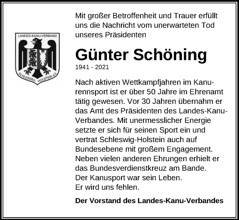  Traueranzeige für Günter Schöning vom 08.05.2021 aus Kieler Nachrichten