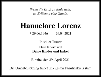 Traueranzeige von Hannelore Lorenz von Ostsee-Zeitung GmbH