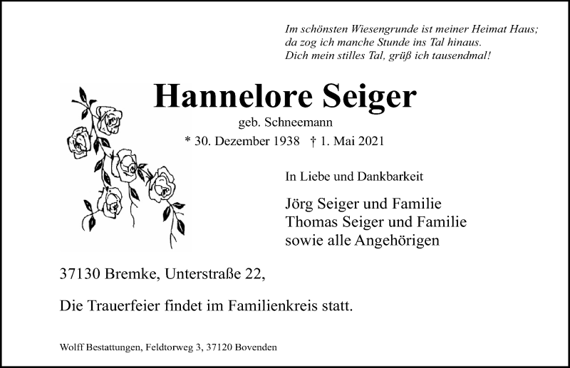 Traueranzeige für Hannelore Seiger vom 08.05.2021 aus Göttinger Tageblatt