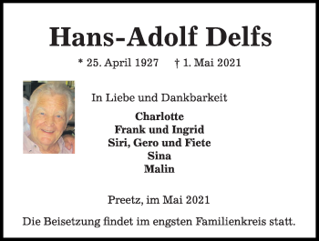 Traueranzeige von Hans-Adolf Delfs von Kieler Nachrichten