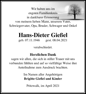 Traueranzeige von Hans-Dieter Gießet von Märkischen Allgemeine Zeitung