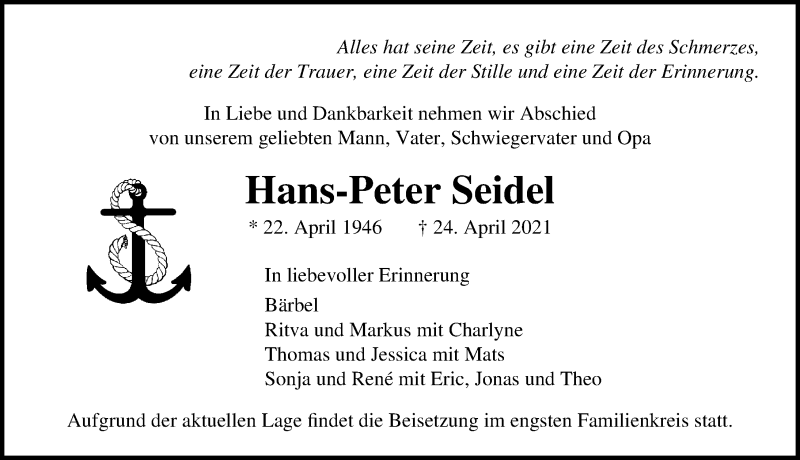  Traueranzeige für Hans-Peter Seidel vom 01.05.2021 aus Lübecker Nachrichten