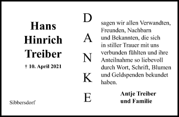 Traueranzeige von Hans Hinrich Treiber von Lübecker Nachrichten