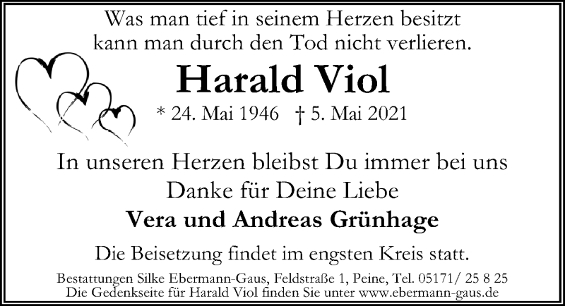  Traueranzeige für Harald Viol vom 10.05.2021 aus Peiner Allgemeine Zeitung