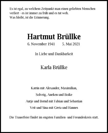 Traueranzeige von Hartmut Brüllke von Ostsee-Zeitung GmbH