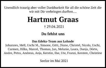 Traueranzeige von Hartmut Graas von Hannoversche Allgemeine Zeitung/Neue Presse