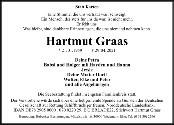 Traueranzeige von Hartmut Graas von Hannoversche Allgemeine Zeitung/Neue Presse
