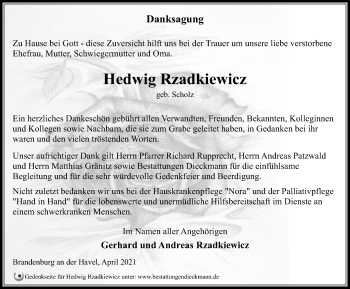 Traueranzeige von Hedwig Rzadkiewicz von Märkischen Allgemeine Zeitung