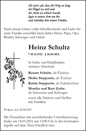 Traueranzeige von Heinz Schultz von Ostsee-Zeitung GmbH