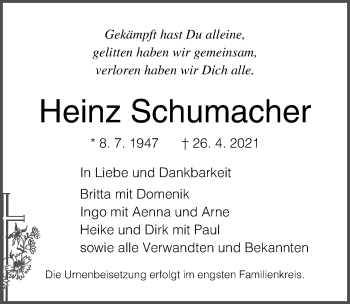 Traueranzeige von Heinz Schumacher von Ostsee-Zeitung GmbH