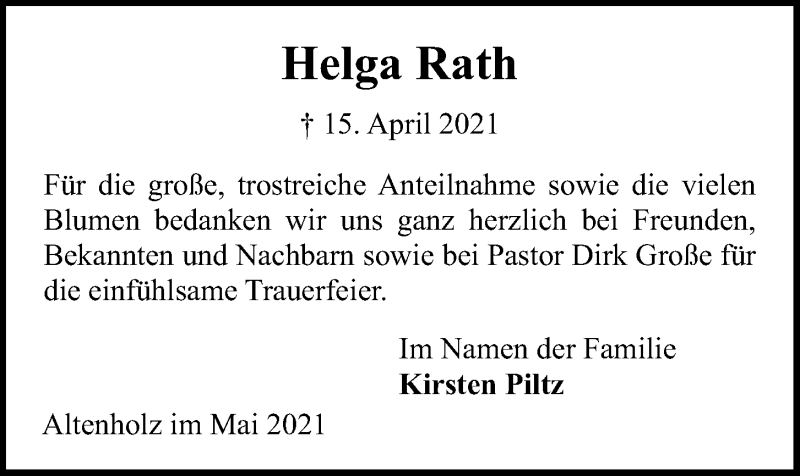 Traueranzeigen von Helga Rath | trauer-anzeigen.de