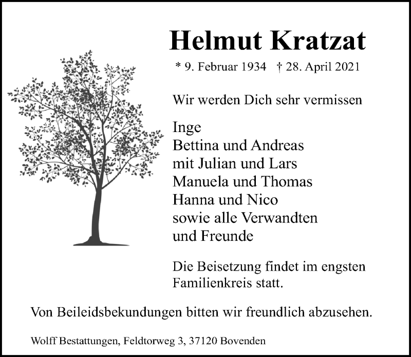  Traueranzeige für Helmut Kratzat vom 03.05.2021 aus Göttinger Tageblatt