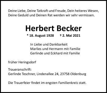 Traueranzeige von Herbert Becker von Lübecker Nachrichten