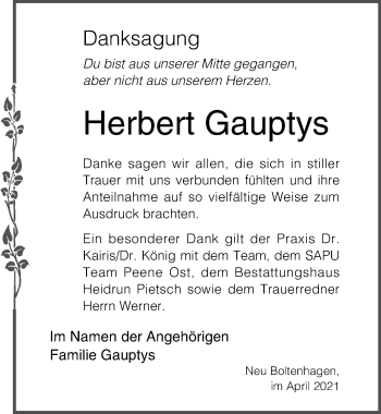Traueranzeige von Herbert Gauptys von Ostsee-Zeitung GmbH