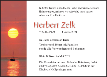 Traueranzeige von Herbert Zelk von Ostsee-Zeitung GmbH