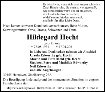 Traueranzeige von Hildegard Hecht von Hannoversche Allgemeine Zeitung/Neue Presse