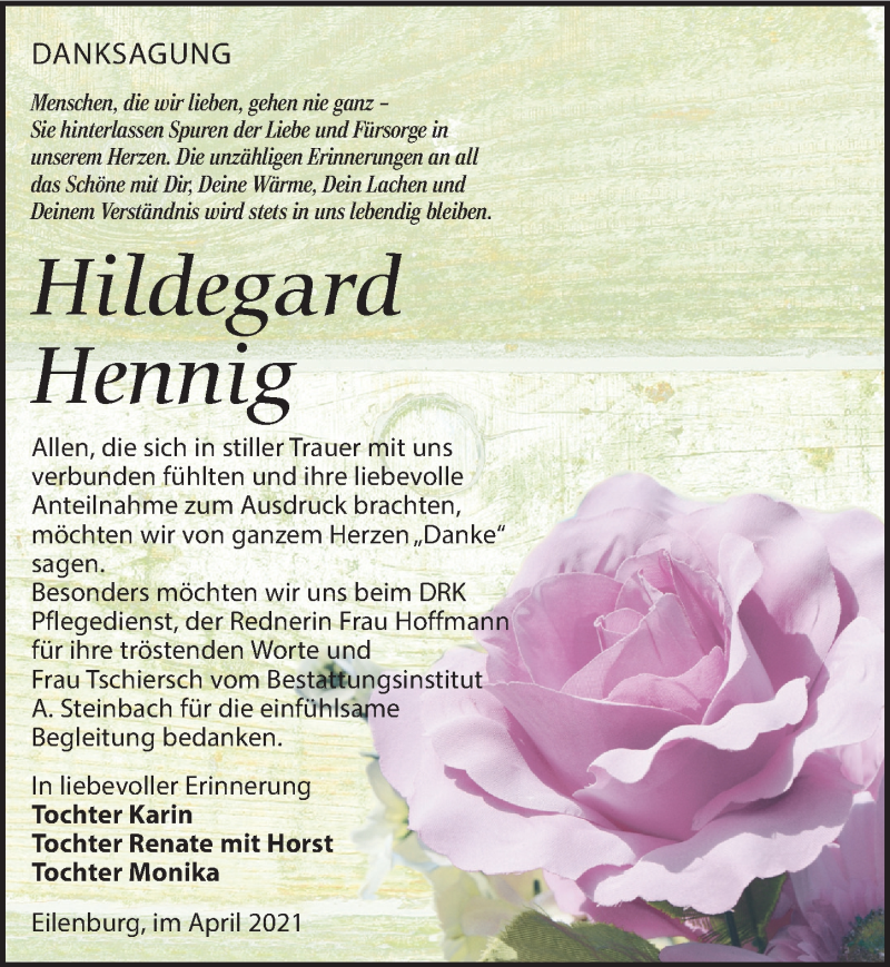  Traueranzeige für Hildegard Hennig vom 08.05.2021 aus Leipziger Volkszeitung