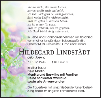 Traueranzeige von Hildegard Lindstädt von Märkischen Allgemeine Zeitung