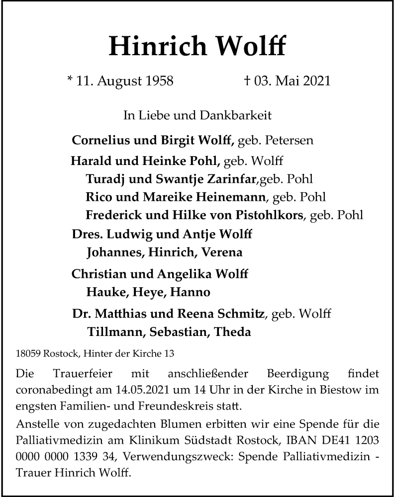  Traueranzeige für Hinrich Wolff vom 08.05.2021 aus Ostsee-Zeitung GmbH