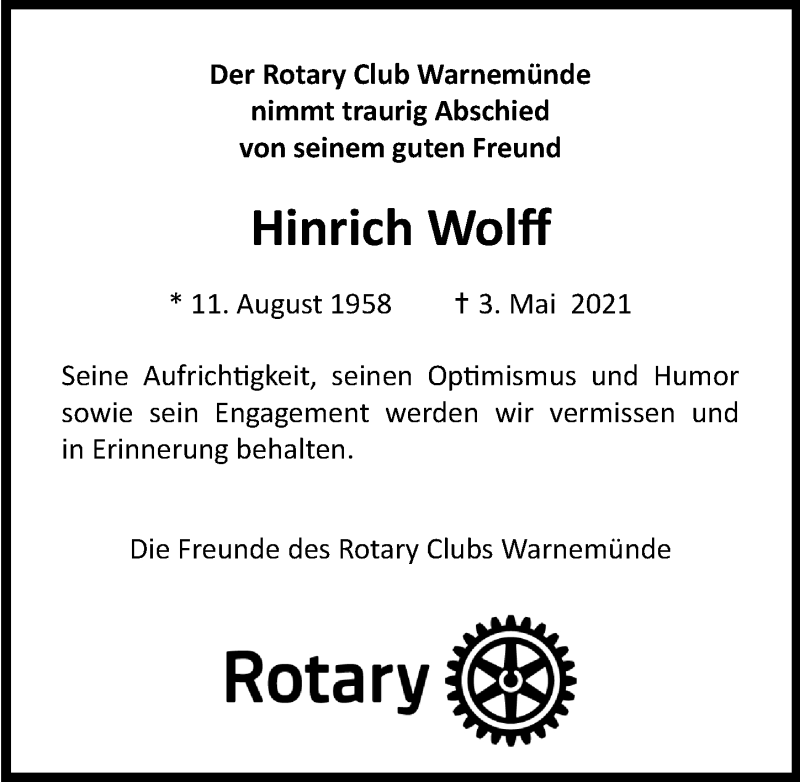  Traueranzeige für Hinrich Wolff vom 08.05.2021 aus Ostsee-Zeitung GmbH