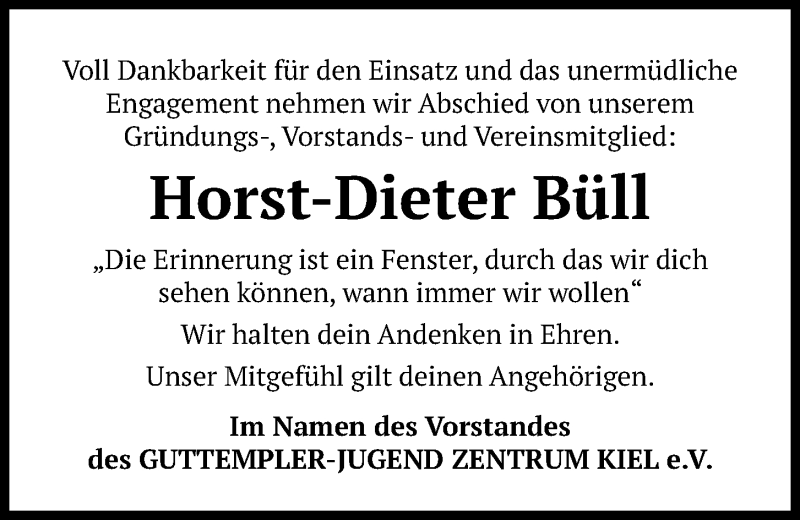  Traueranzeige für Horst-Dieter Büll vom 08.05.2021 aus Kieler Nachrichten